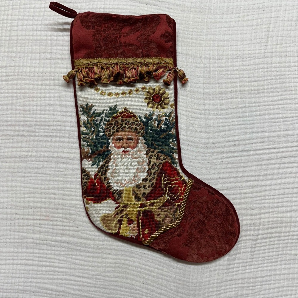 Vintage Handmade Christmas Stocking Santa Father Christmas Needlepoint  velvet